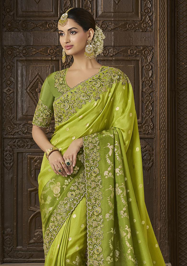 Green Embroidered Silk Saree Set